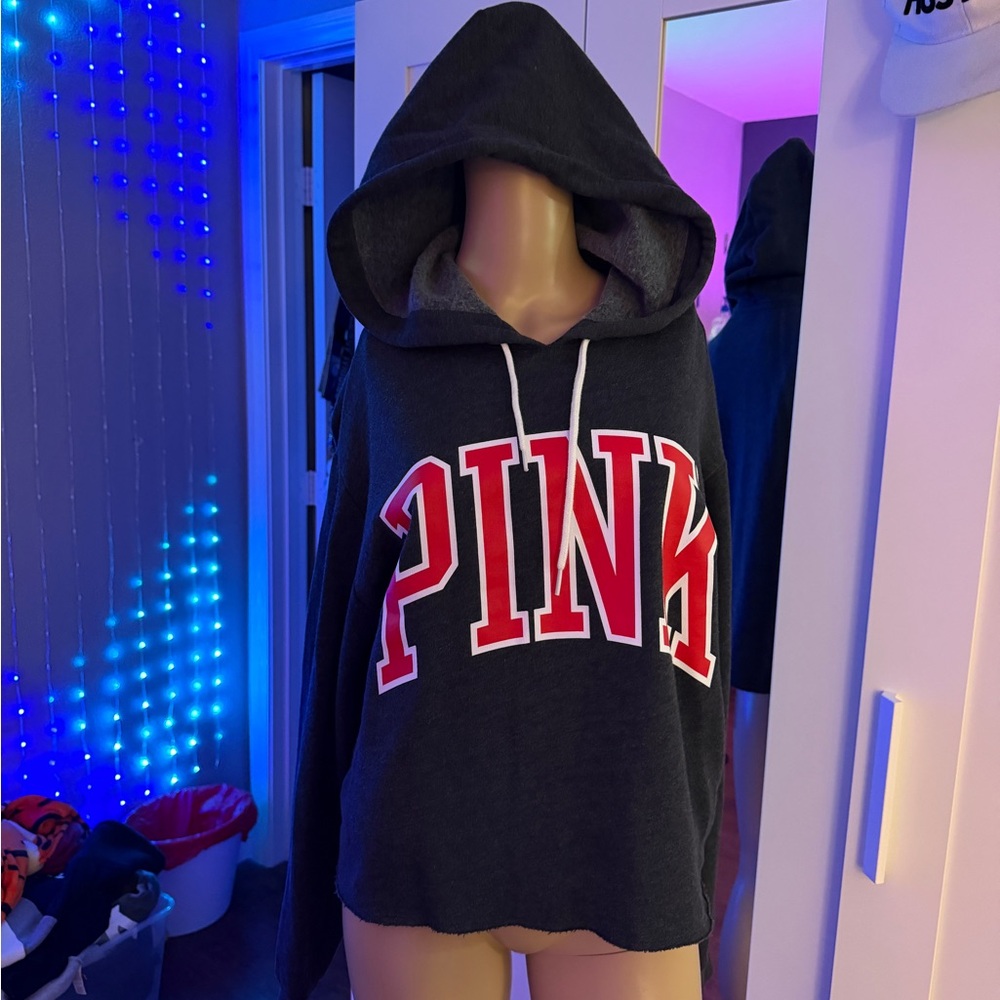 PINK Victoria's Secret Charcoal Hoodie with Red Lettering